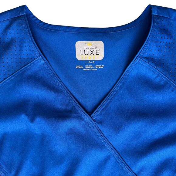 Cherokee LUXE Sports Mock Wrap Scrub Top Large Breathable Blue Medical Uniform - Picture 2 of 15